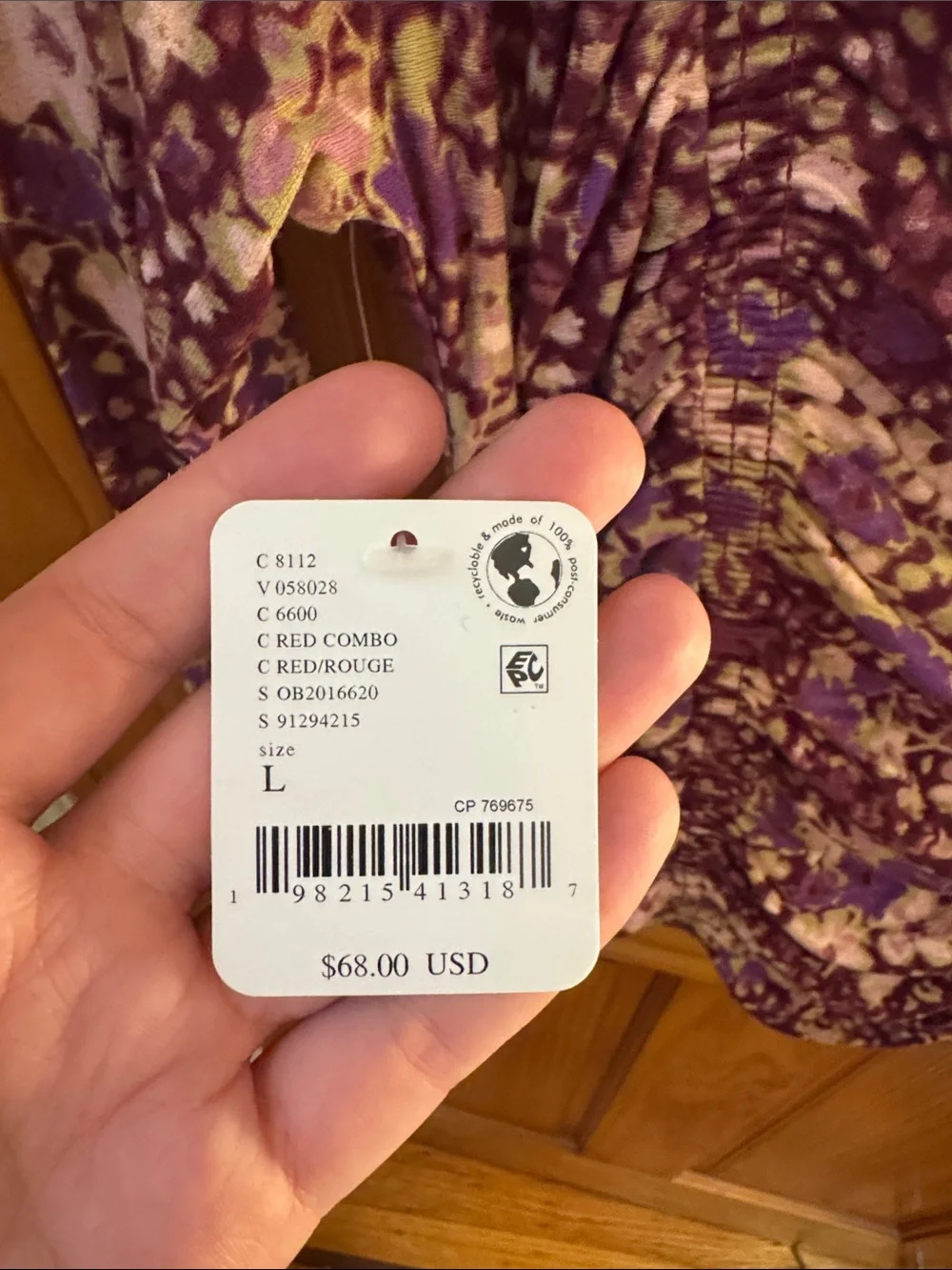 NWT Free People Purple Floral Lace-Trim Long Sleeve Women's Top